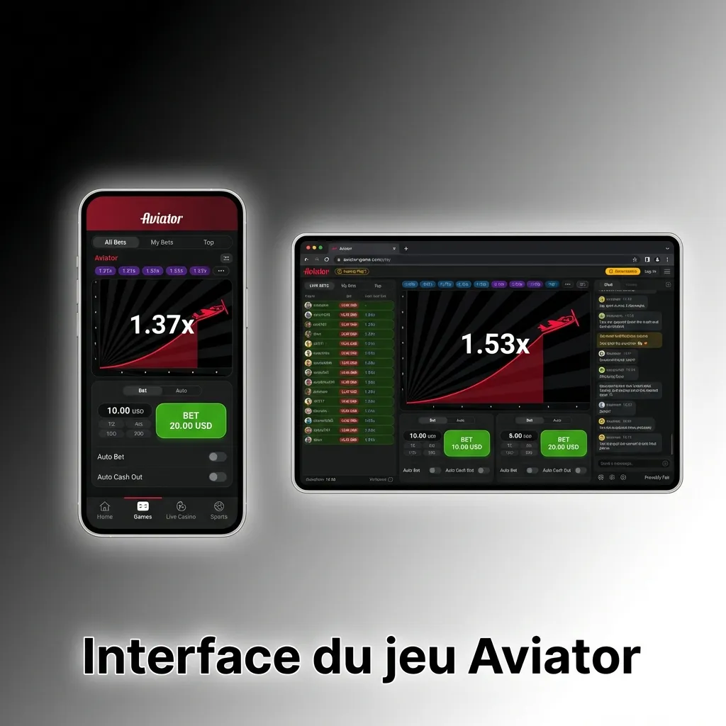 Interface sombre du jeu Aviator avec courbe rouge, panneau de paris et historique des gains.